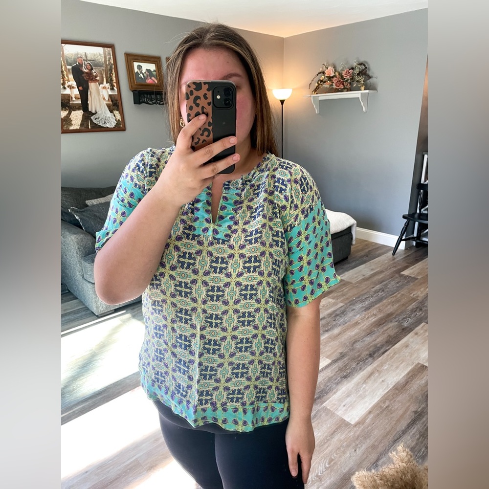 Sundance kaleidoscope floral silk high low boxy blouse